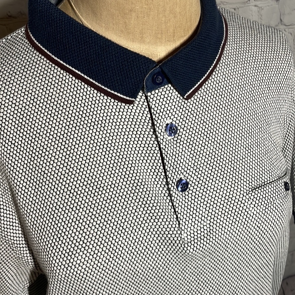 Mens Navy White Textured Preppy Short Sleeve Polo Shirt Large - Picture 2 of 5